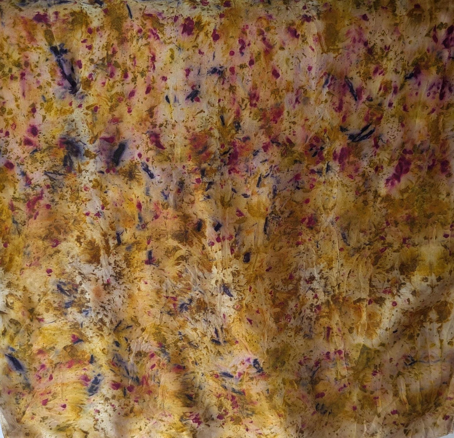 Plant dyed natural silk satin scarf, cochineal, logwood and marigolds