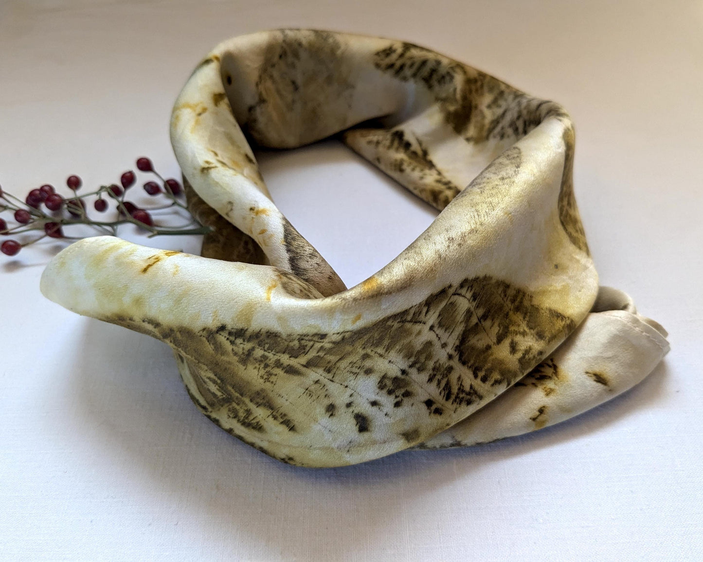 Eco-Printed Silk Scarf: Walnut Leaf Design, Natural Satin