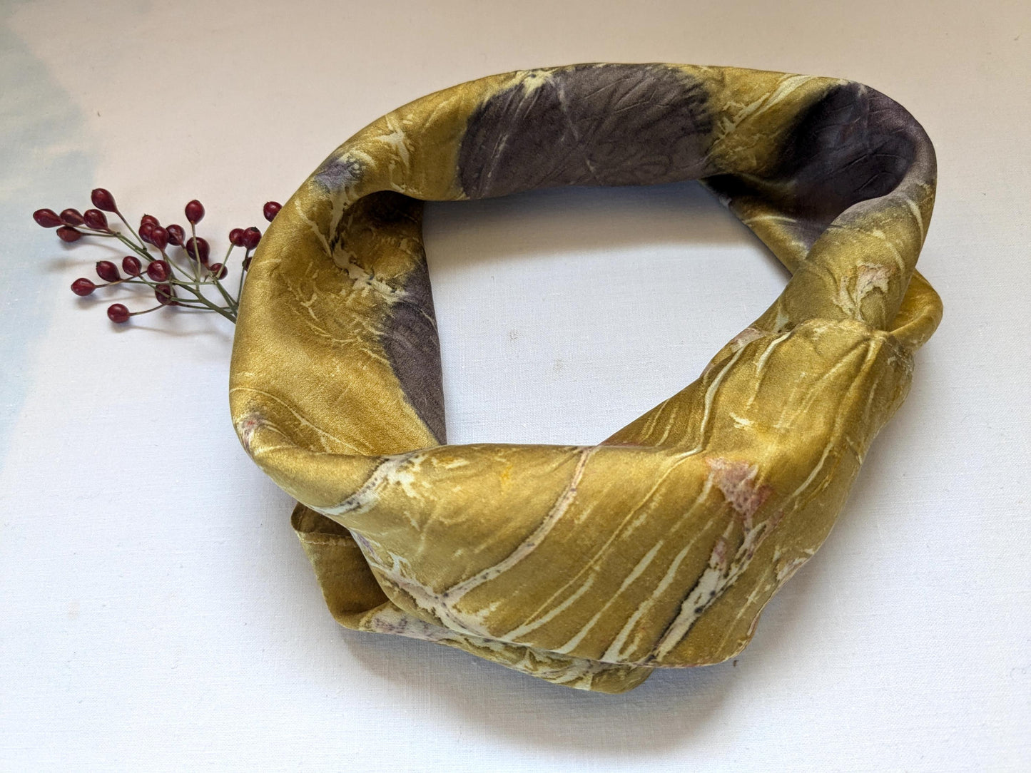 Eco-Printed Silk Scarf – Golden Yellow with Botanical prints – Handmade Sustainable Fashion Accessory from Georgia