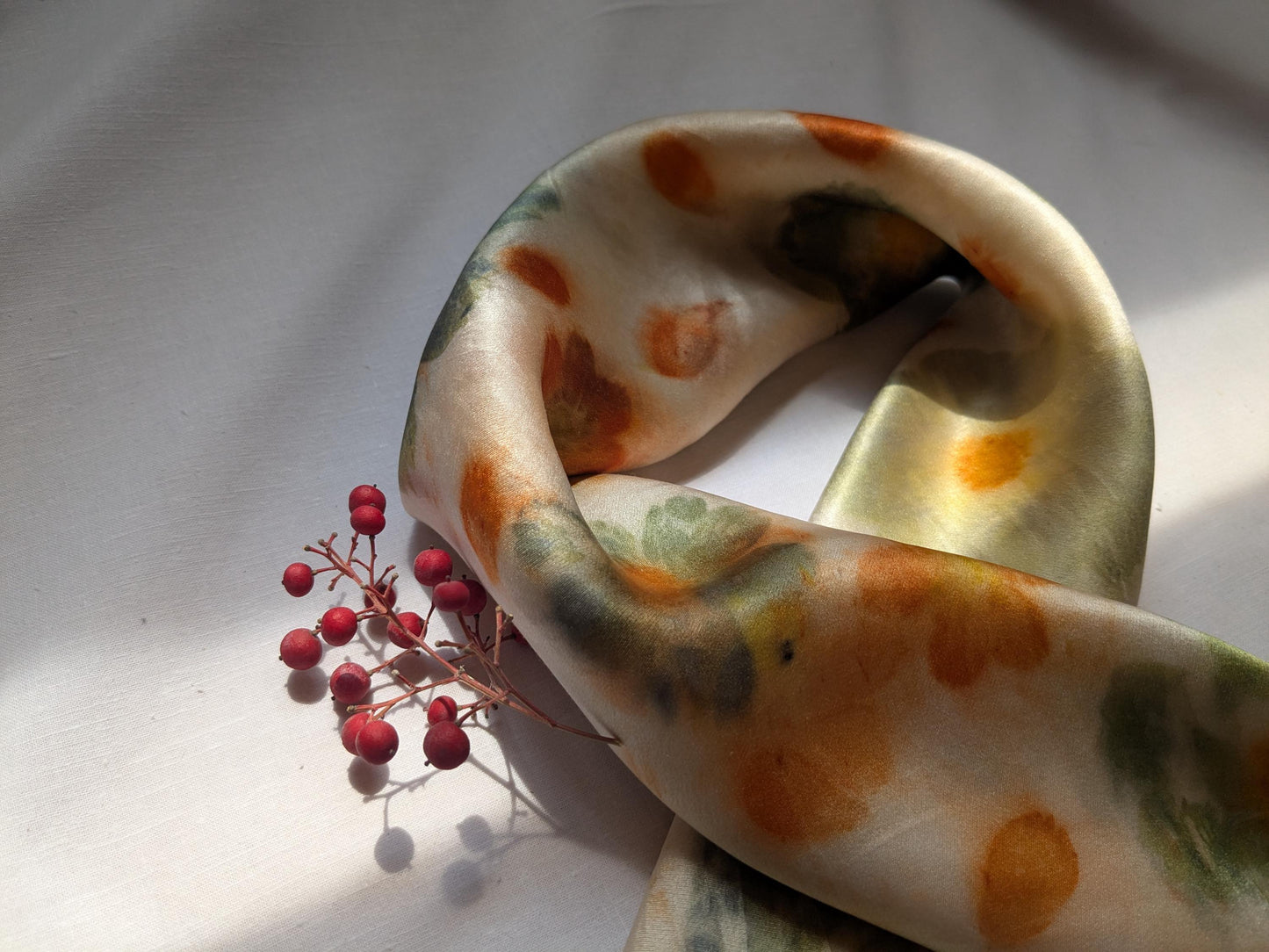 Flower eco printed scarf, natural silk satin