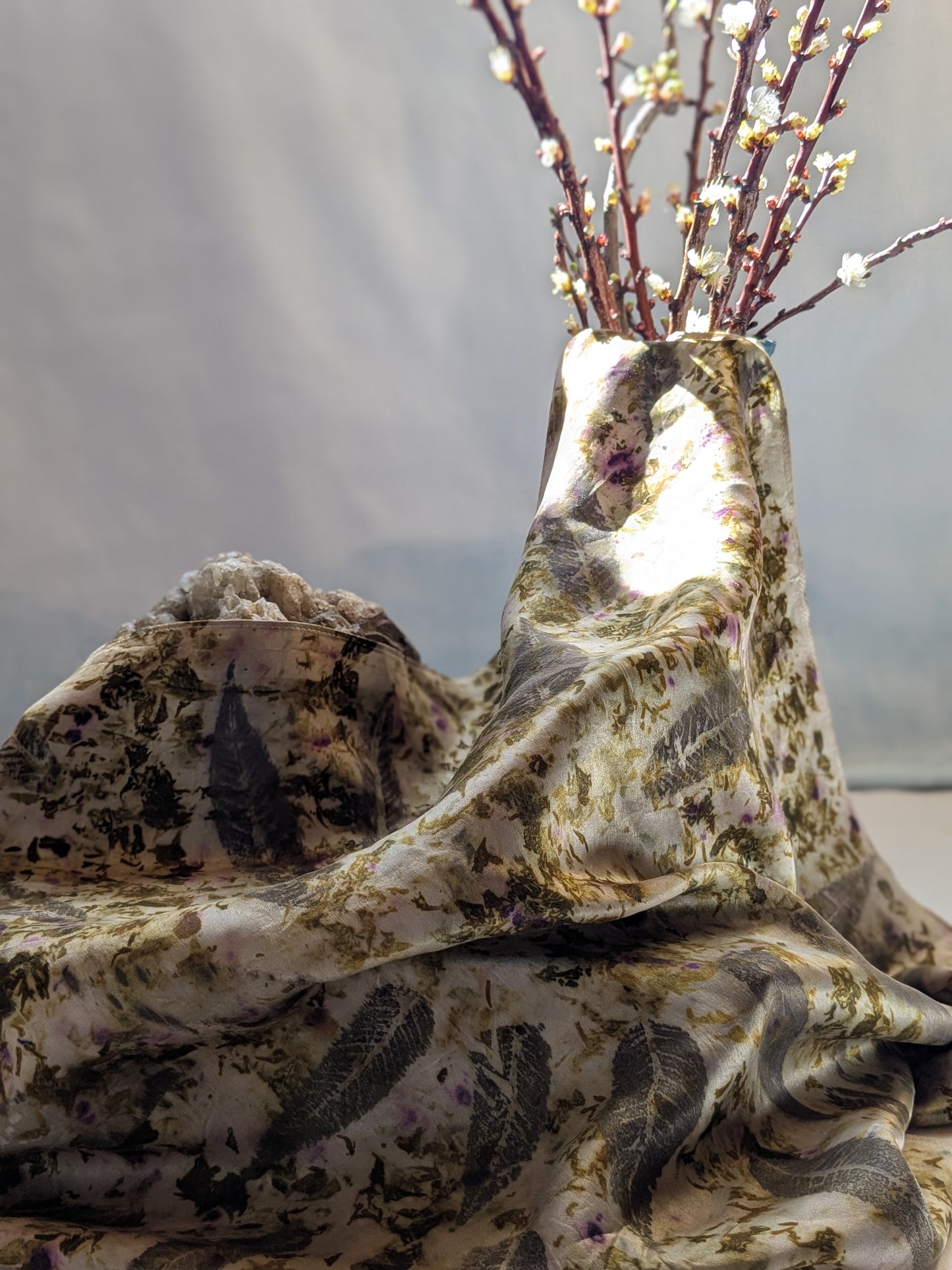 Eco-Printed Silk Satin Scarf: Sumac, Marigold & Cochineal Dyed