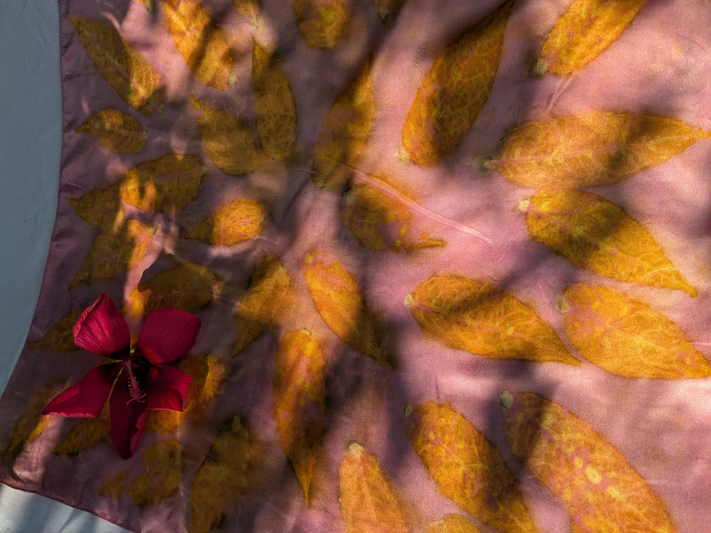 Pink eco printed silk scarf with sumac leaves