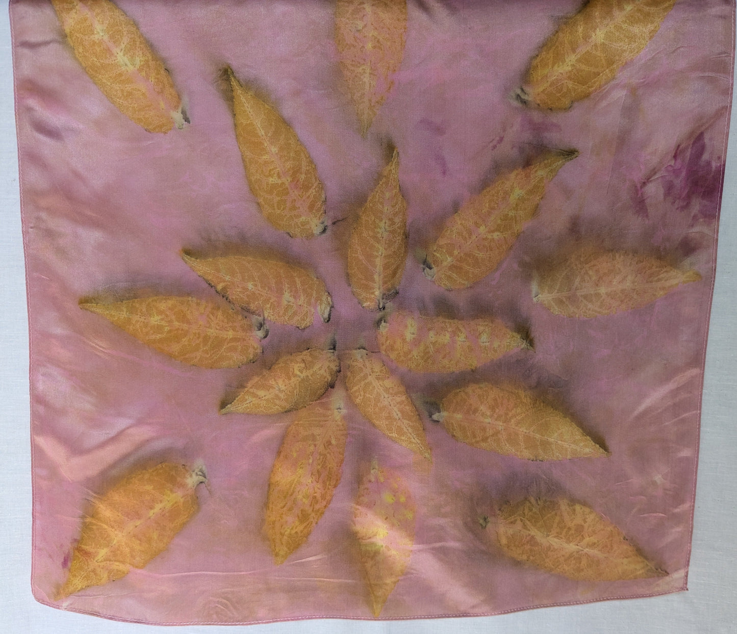 Golden leaf print on pink silk, natural silk scarf one of a kind