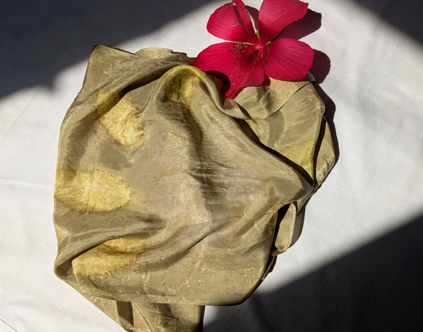 Leaf eco print and pomegranate dyed natural silk scarf