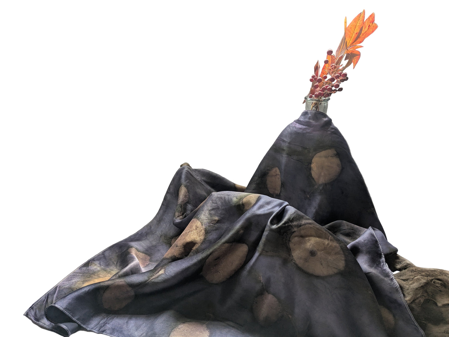 Natural Logwood-Dyed Silk Scarf with smokebush leaves