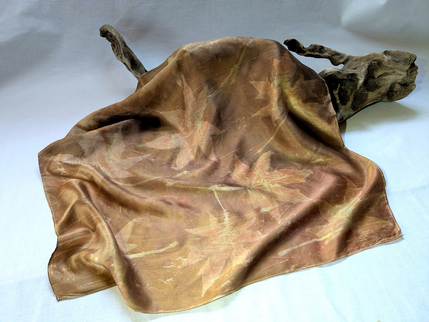 Eco printed brown silk scarf with leaves