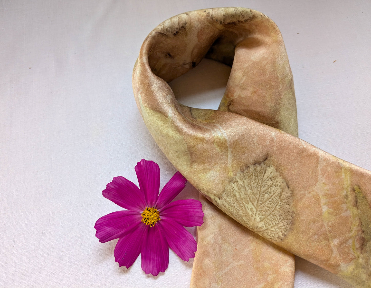 Soft red colored silk satin scarf, eco printed with leaves