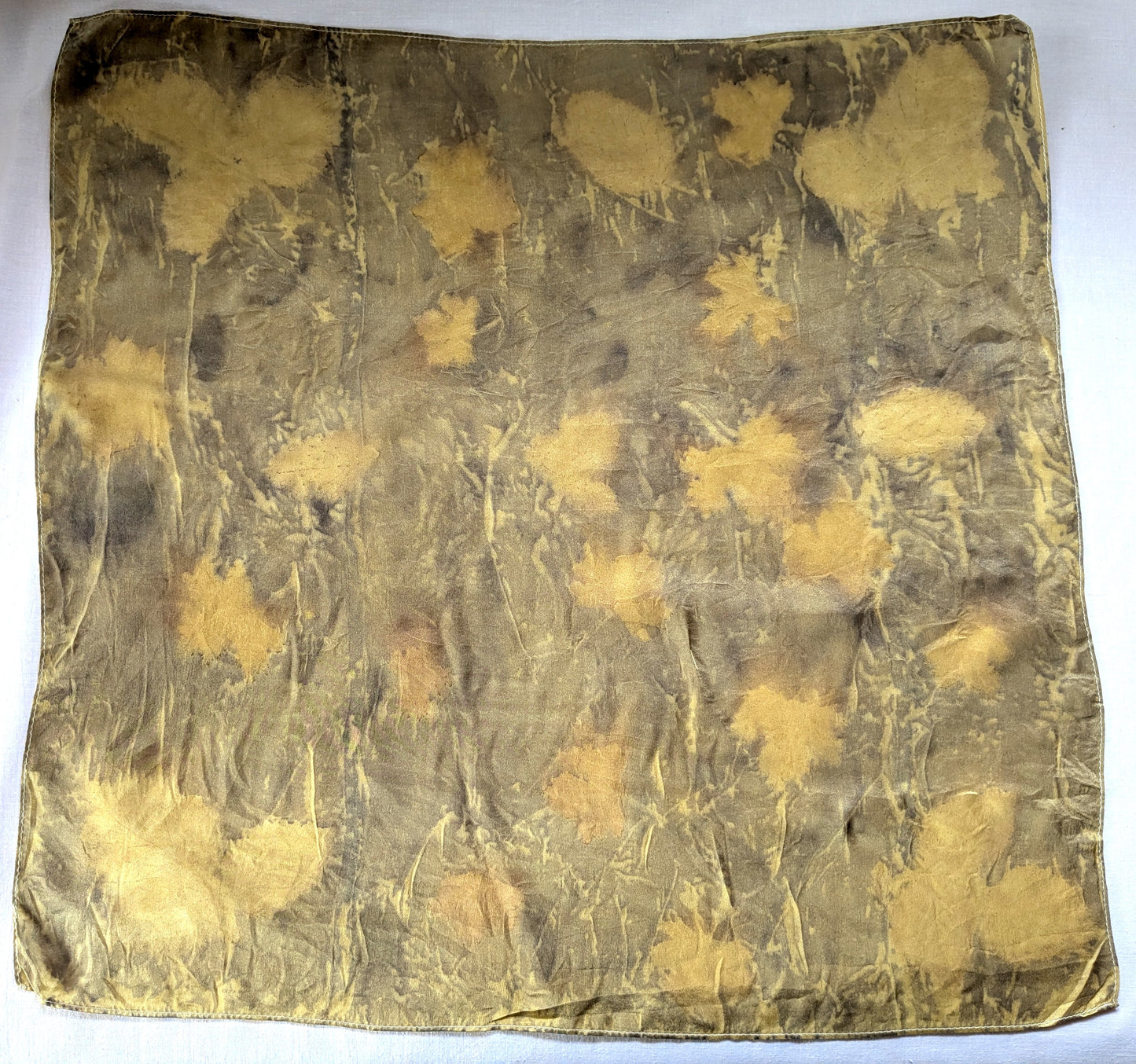 Mustard colored silk satin scarf, eco printed with leaves
