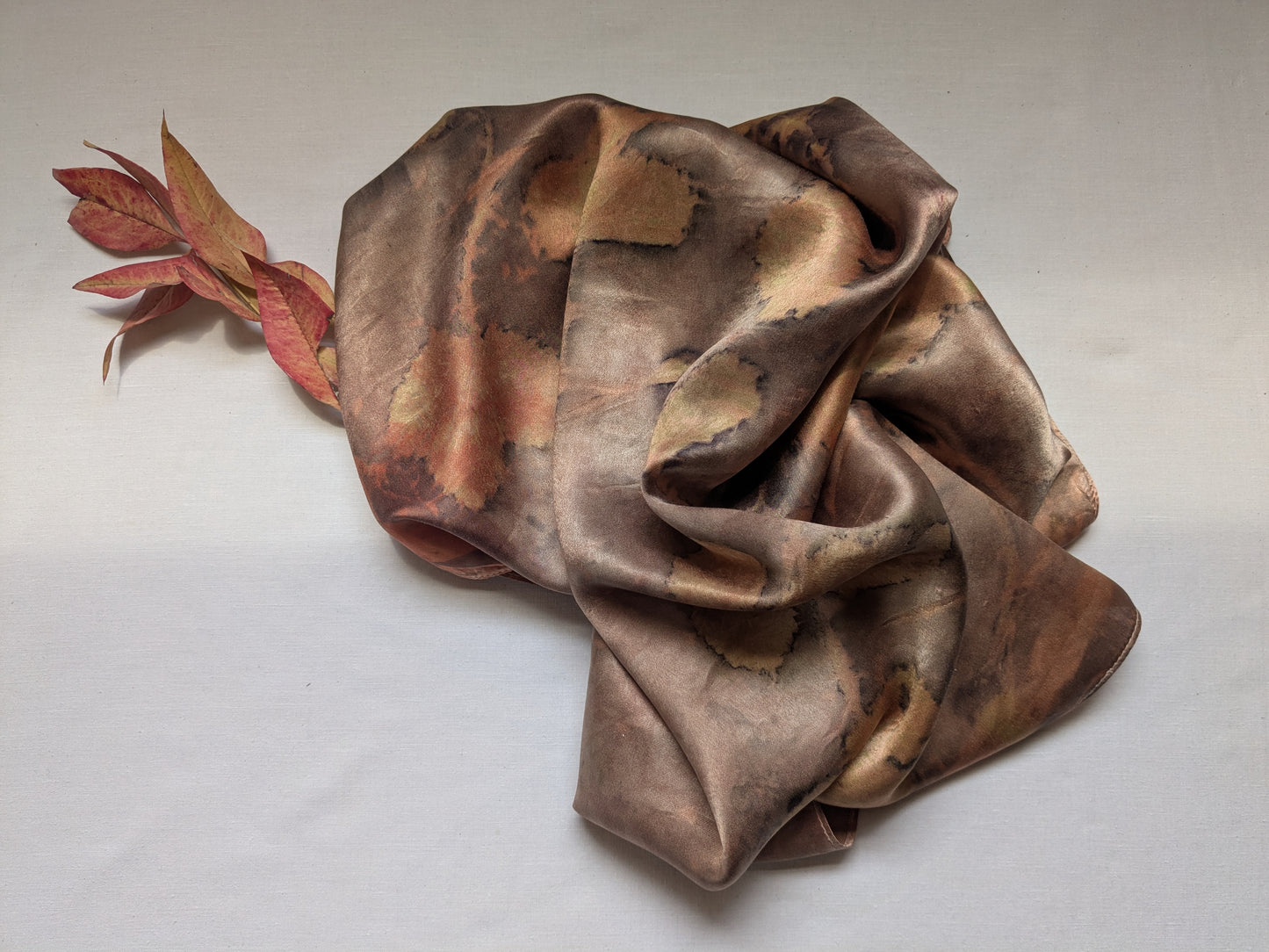 Strawberry leaves eco print on natural silk scarf