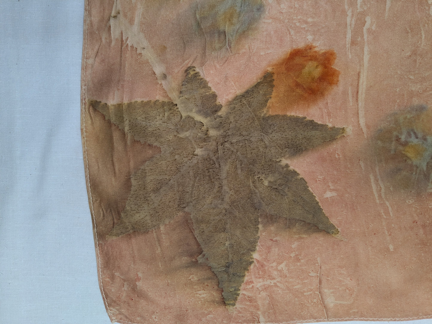 Eco printed natural silk satin scarf, flowers and leaves