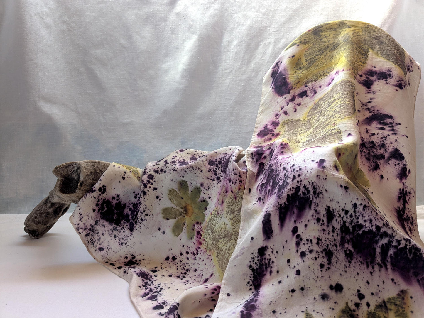 Eco Printed Silk Scarf: Cosmos Flowers, Blackberry Leaves