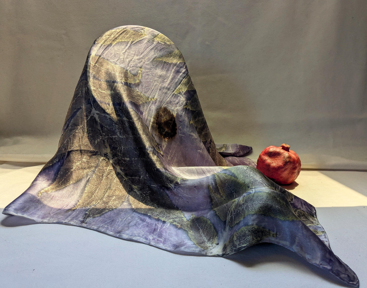 Eco-Printed Silk Scarf: Sumac Leaf & Logwood Dye, Natural Satin