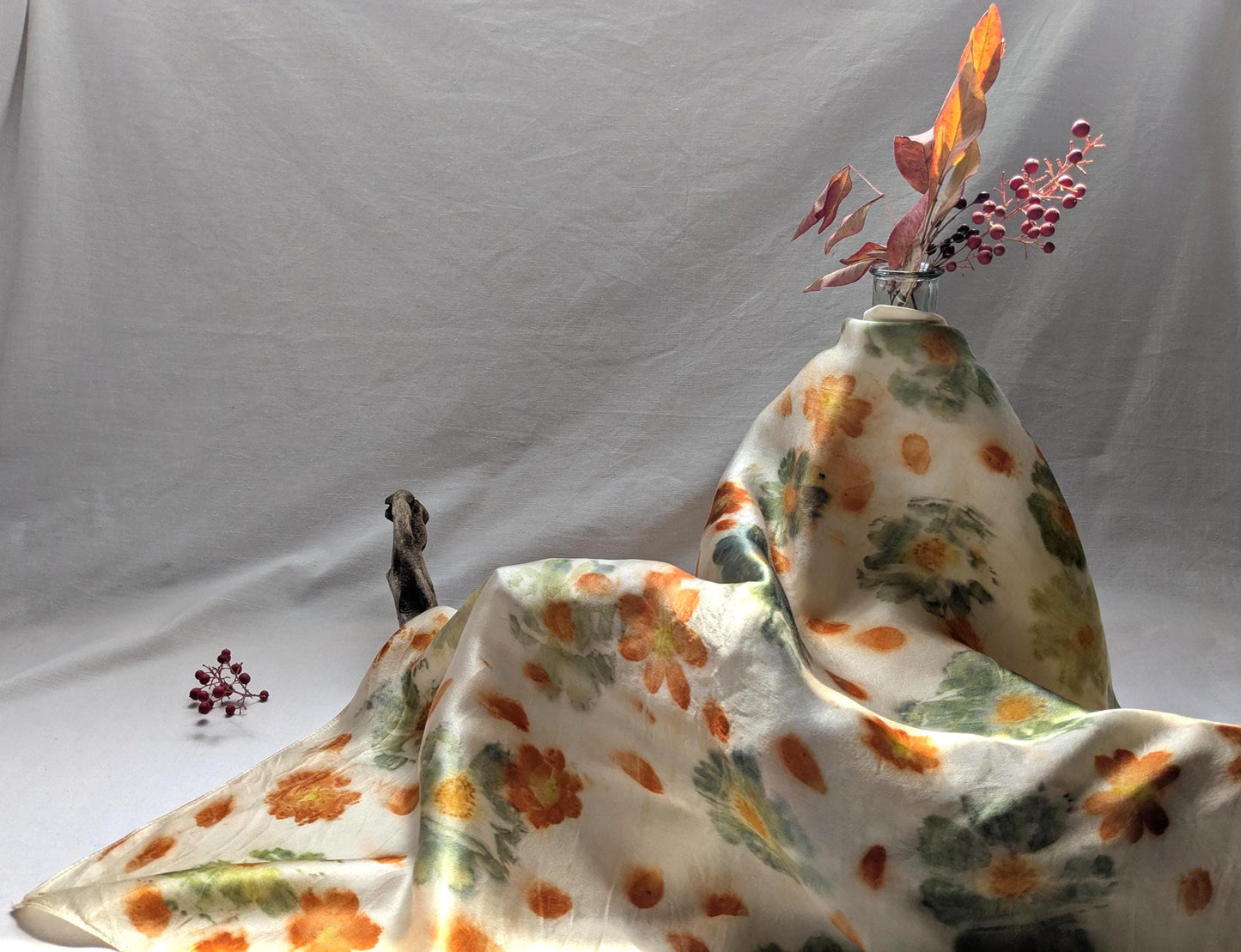 Flower eco printed scarf, natural silk satin