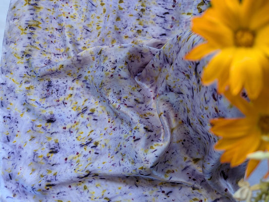 Botanical Eco Print Silk Scarf: Logwood & Marigold Dyed, Handmade in Georgia