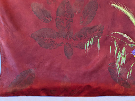 Eco-Printed Organic Silk Scarf: Madder Root Dyed, Walnut Leaf Design