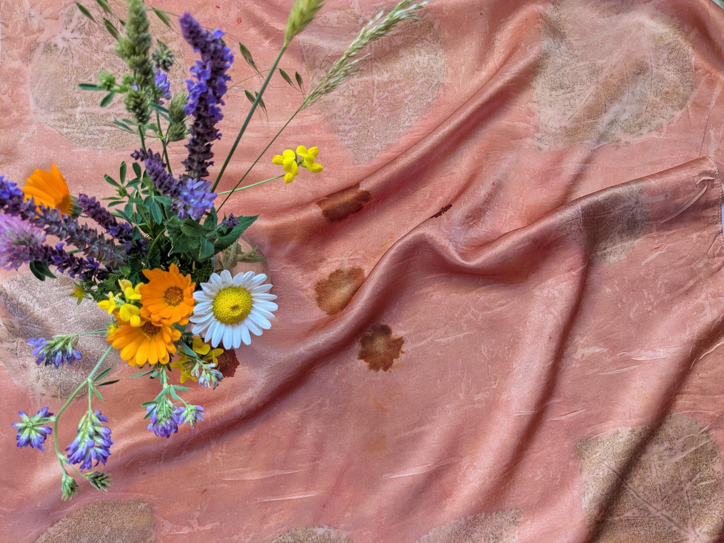Eco Print Silk Scarf: Madder Root Dyed, Judas Tree Leaf - Handmade in Georgia
