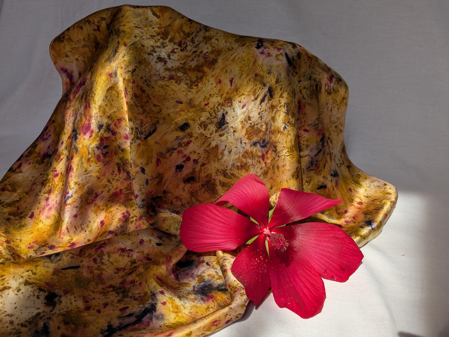 Plant dyed natural silk satin scarf, cochineal, logwood and marigolds