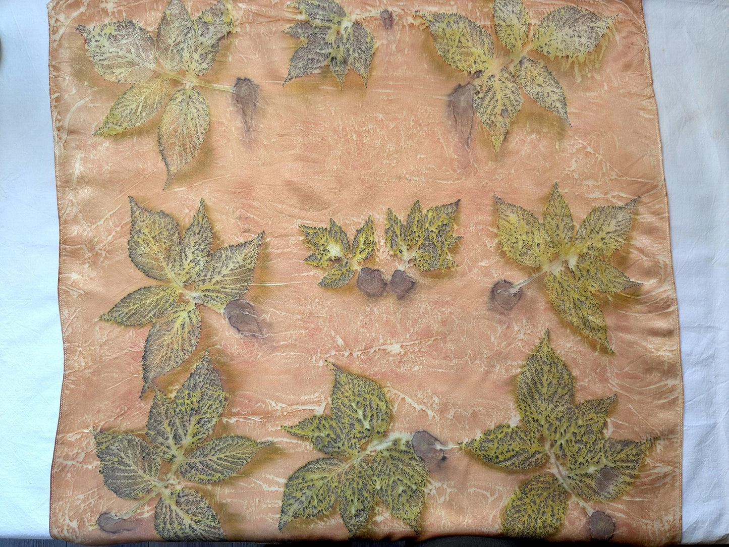 Organic Silk Eco Print Scarf: Madder Root Dyed, Raspberry Leaf