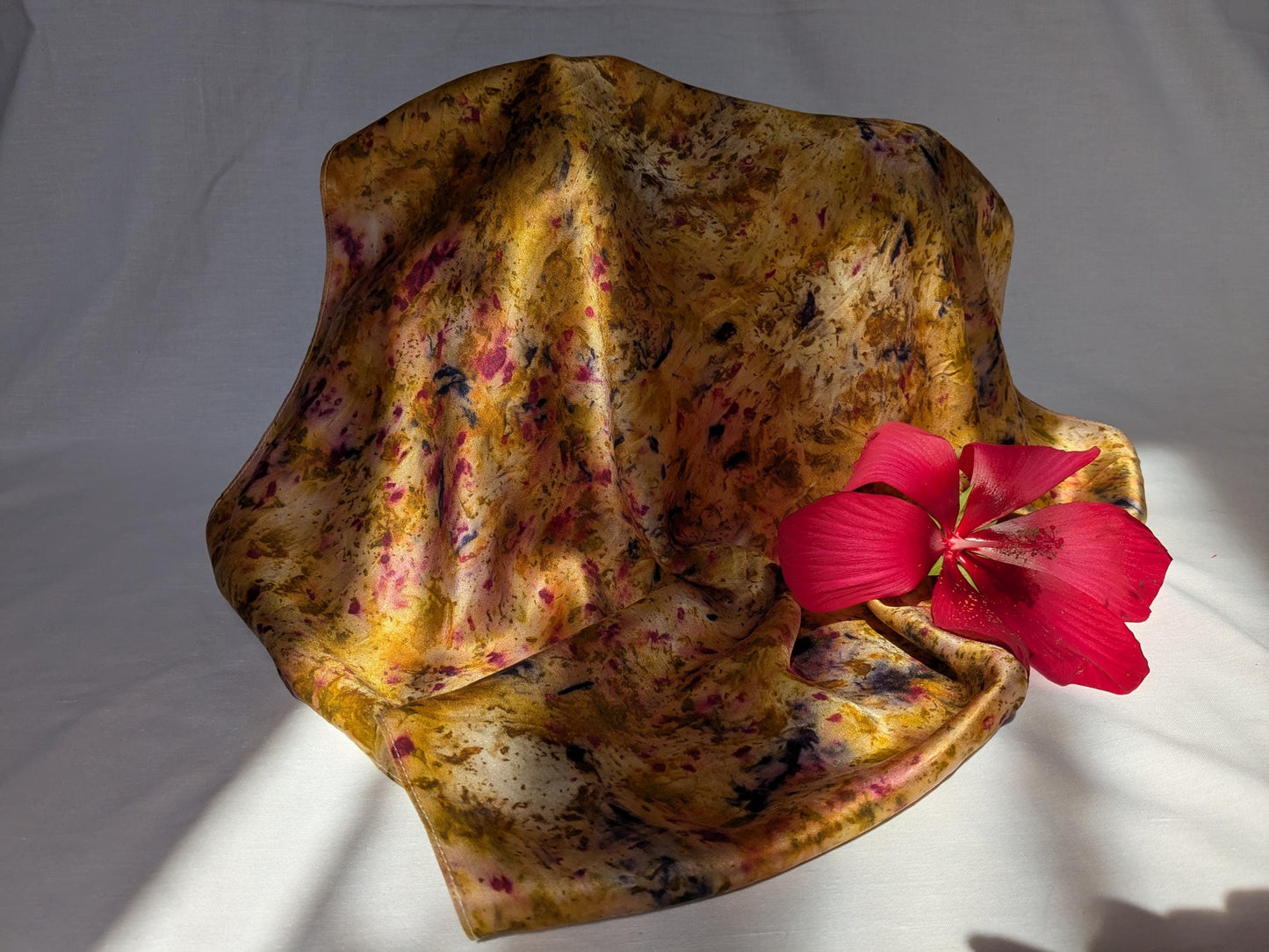 Plant dyed natural silk satin scarf, cochineal, logwood and marigolds