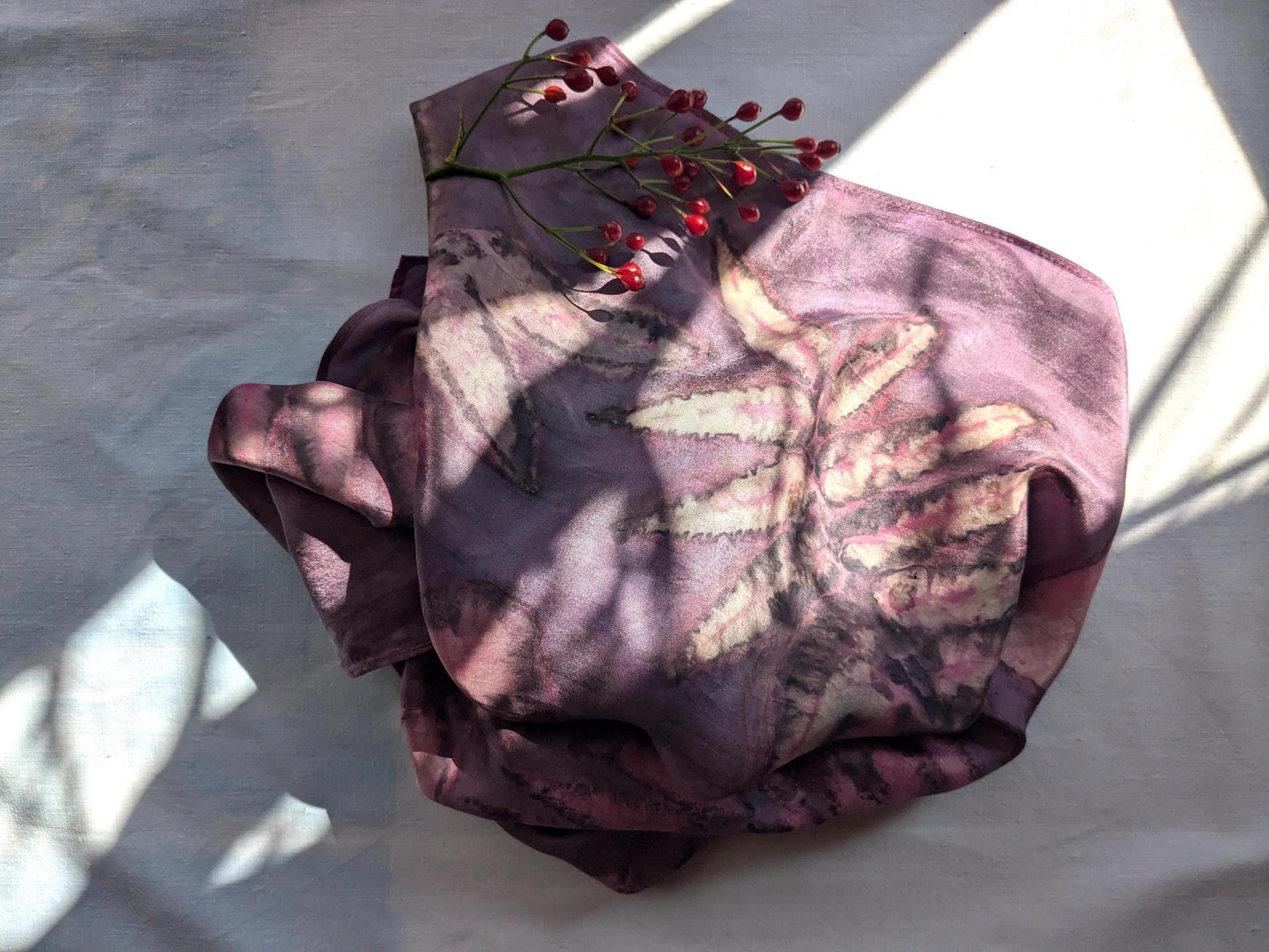 Hand-Dyed Silk Scarf: Cochineal, Sumac & Smokebush Botanical Print