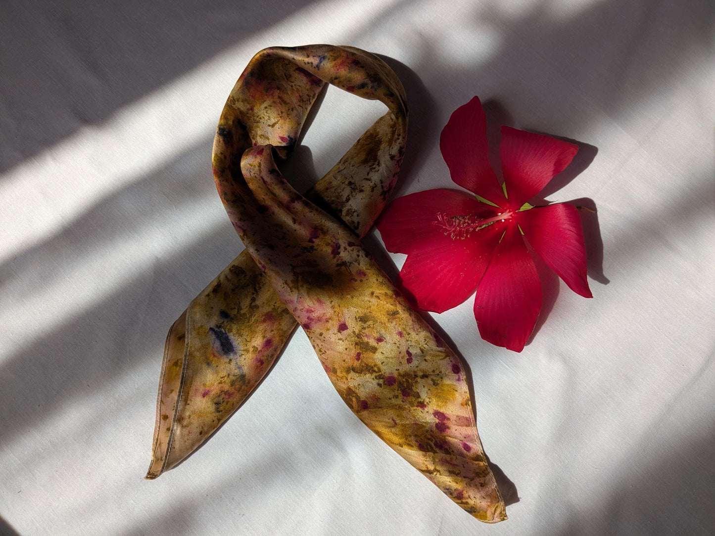 Plant dyed natural silk satin scarf, cochineal, logwood and marigolds