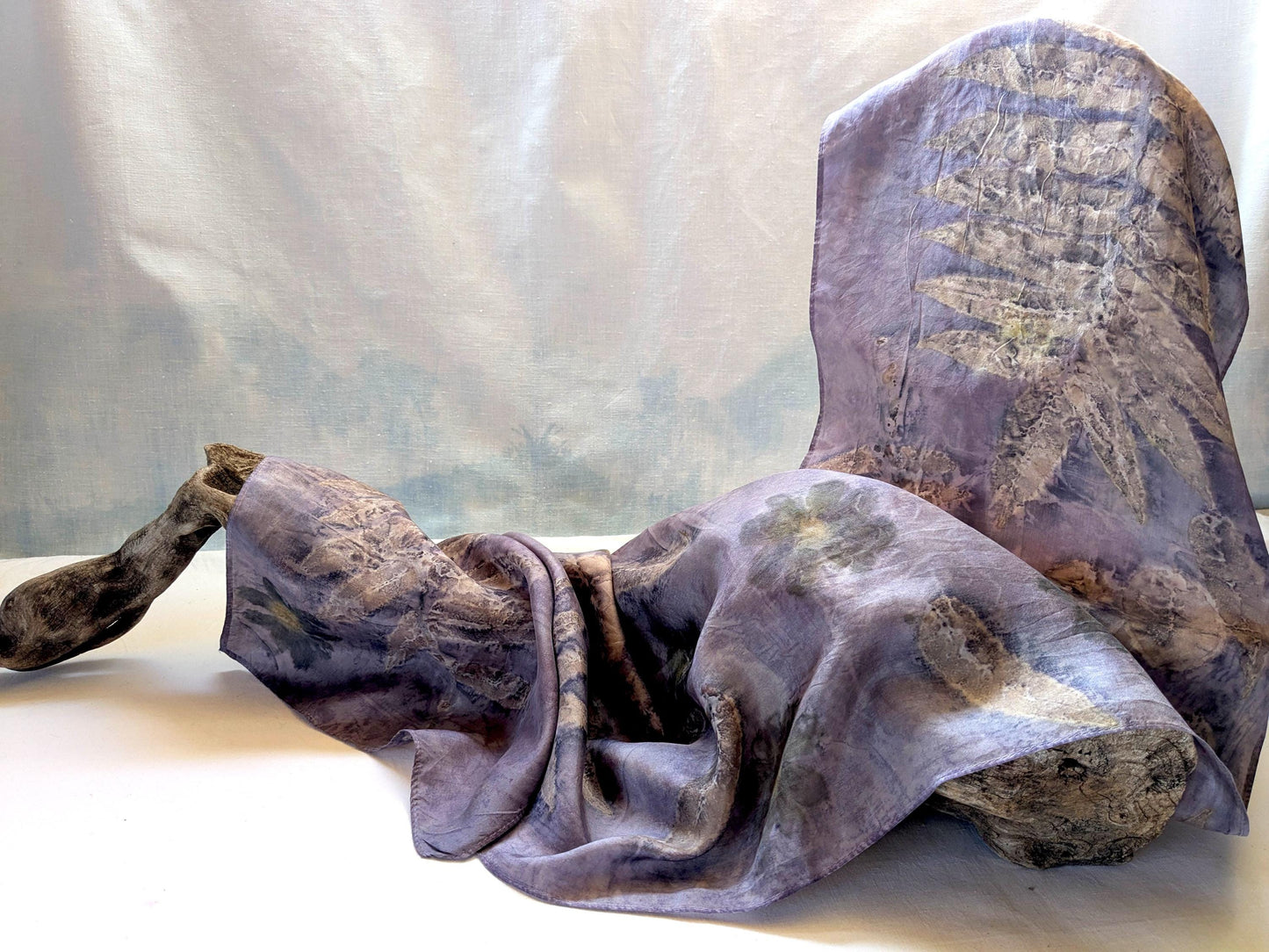 Eco print scarf, Hand-Dyed Silk Scarf – Logwood Bark, Sumac, Cosmos & Smokebush Natural Dye, Eco-Printed