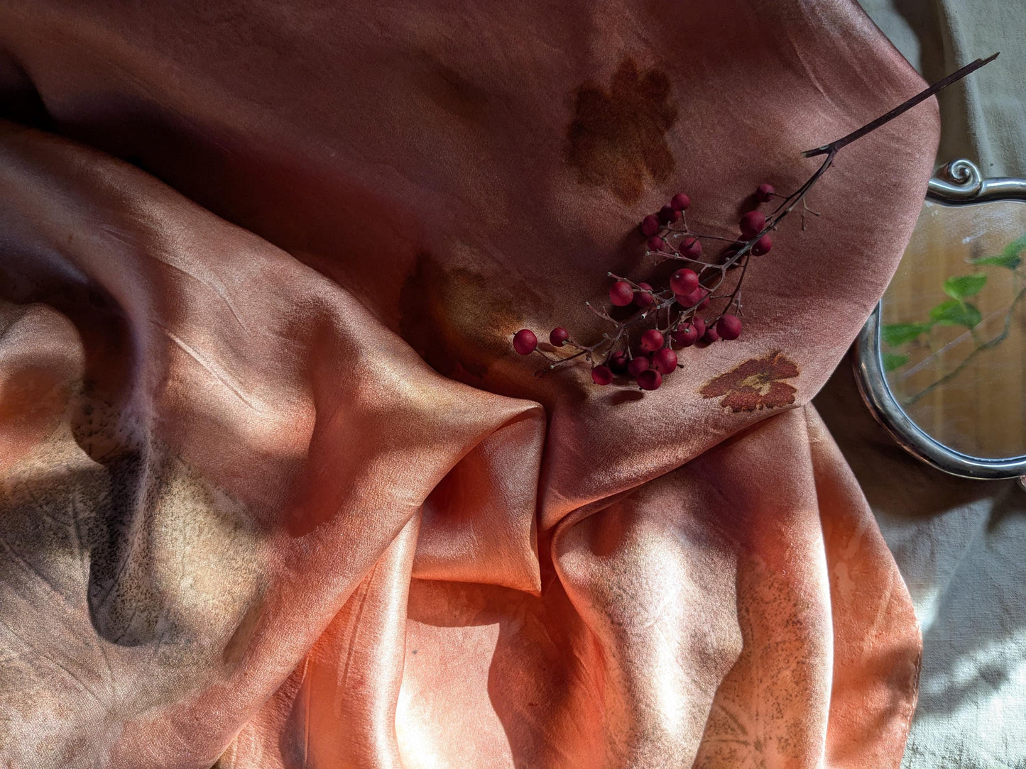 Eco Print Silk Scarf: Madder Root Dyed, Judas Tree Leaf - Handmade in Georgia