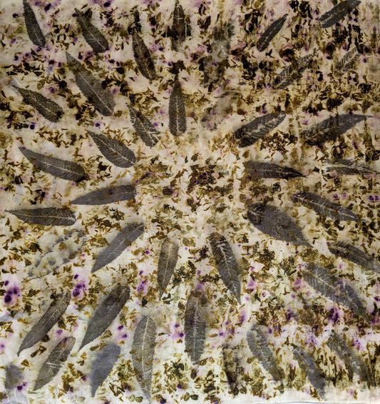 Eco-Printed Silk Satin Scarf: Sumac, Marigold & Cochineal Dyed