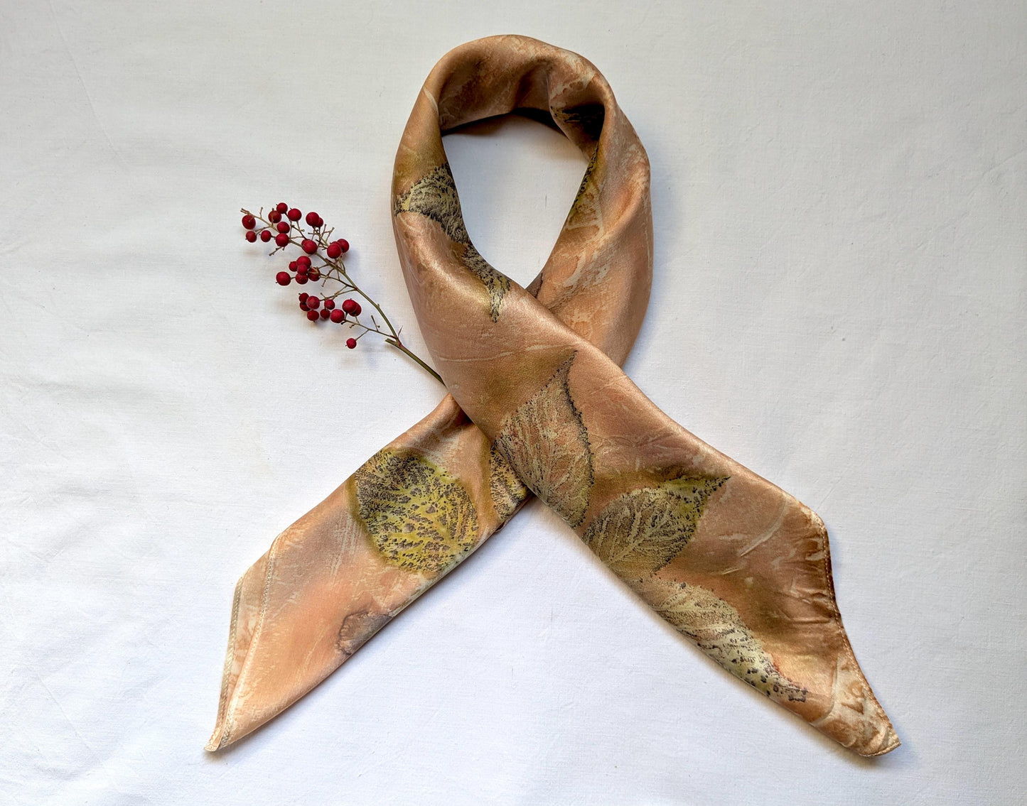 Organic Silk Eco Print Scarf: Madder Root Dyed, Raspberry Leaf