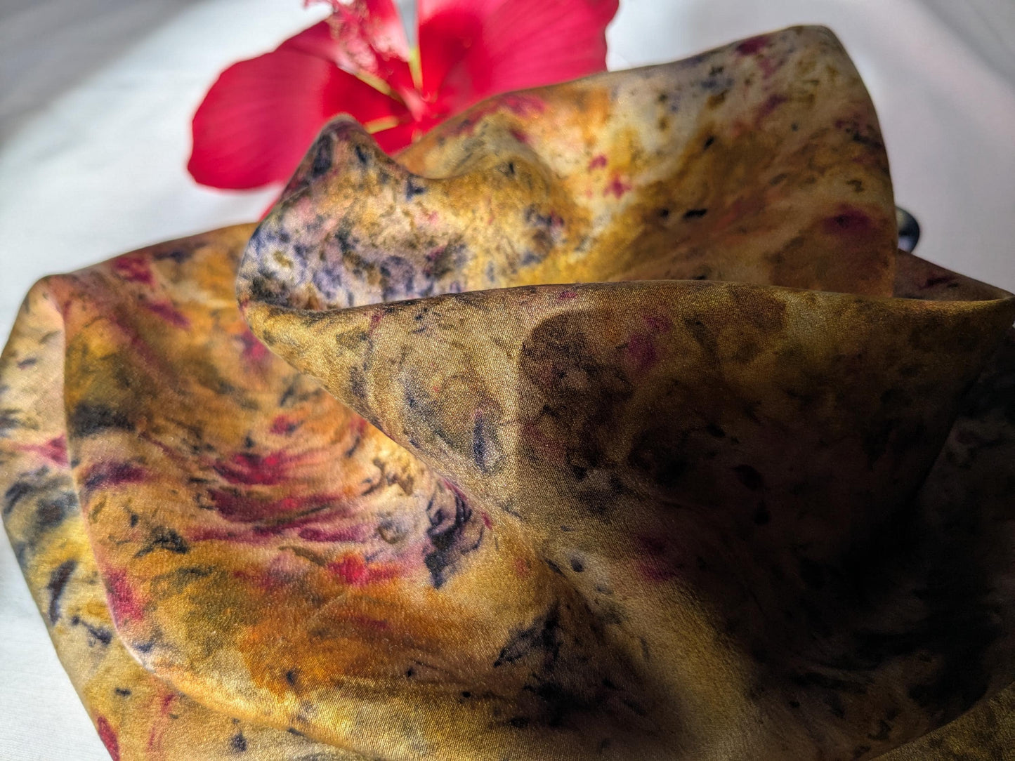 Plant dyed natural silk scarf: marigolds, madder, logwood and cochineal