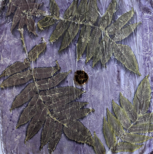 Eco-Printed Silk Scarf: Sumac Leaf & Logwood Dye, Natural Satin