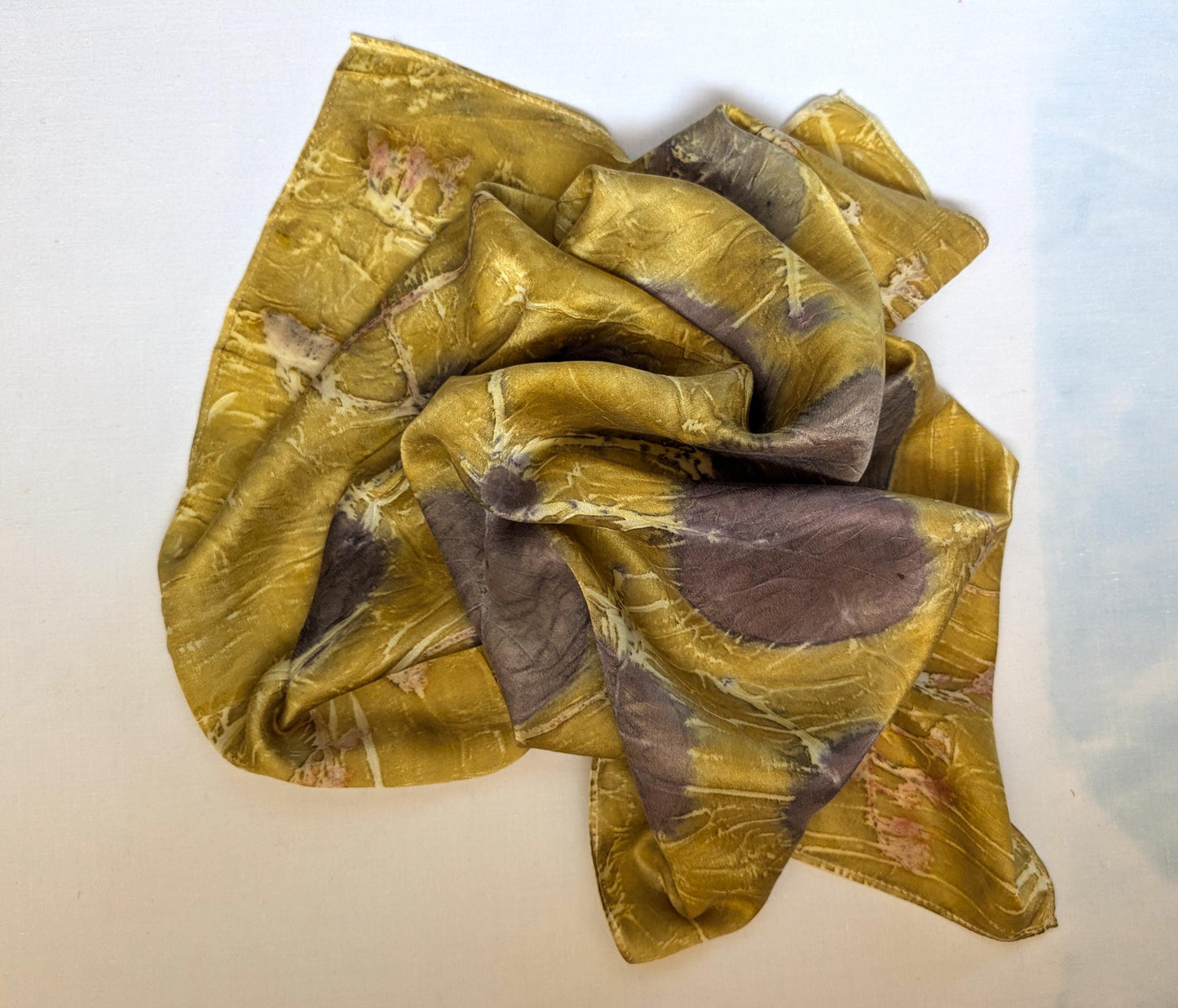 Eco-Printed Silk Scarf – Golden Yellow with Botanical prints – Handmade Sustainable Fashion Accessory from Georgia
