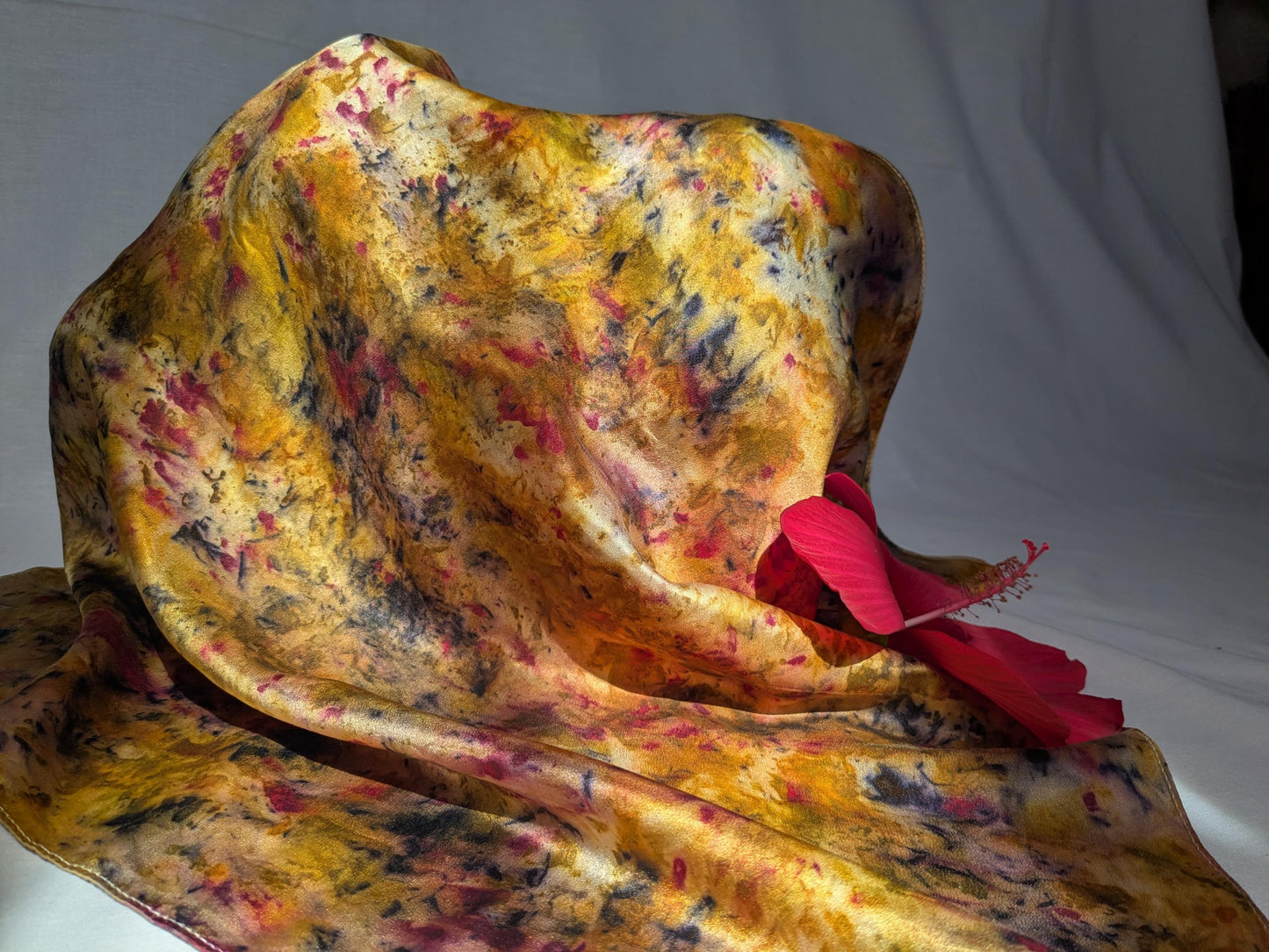 Plant dyed natural silk scarf: marigolds, madder, logwood and cochineal