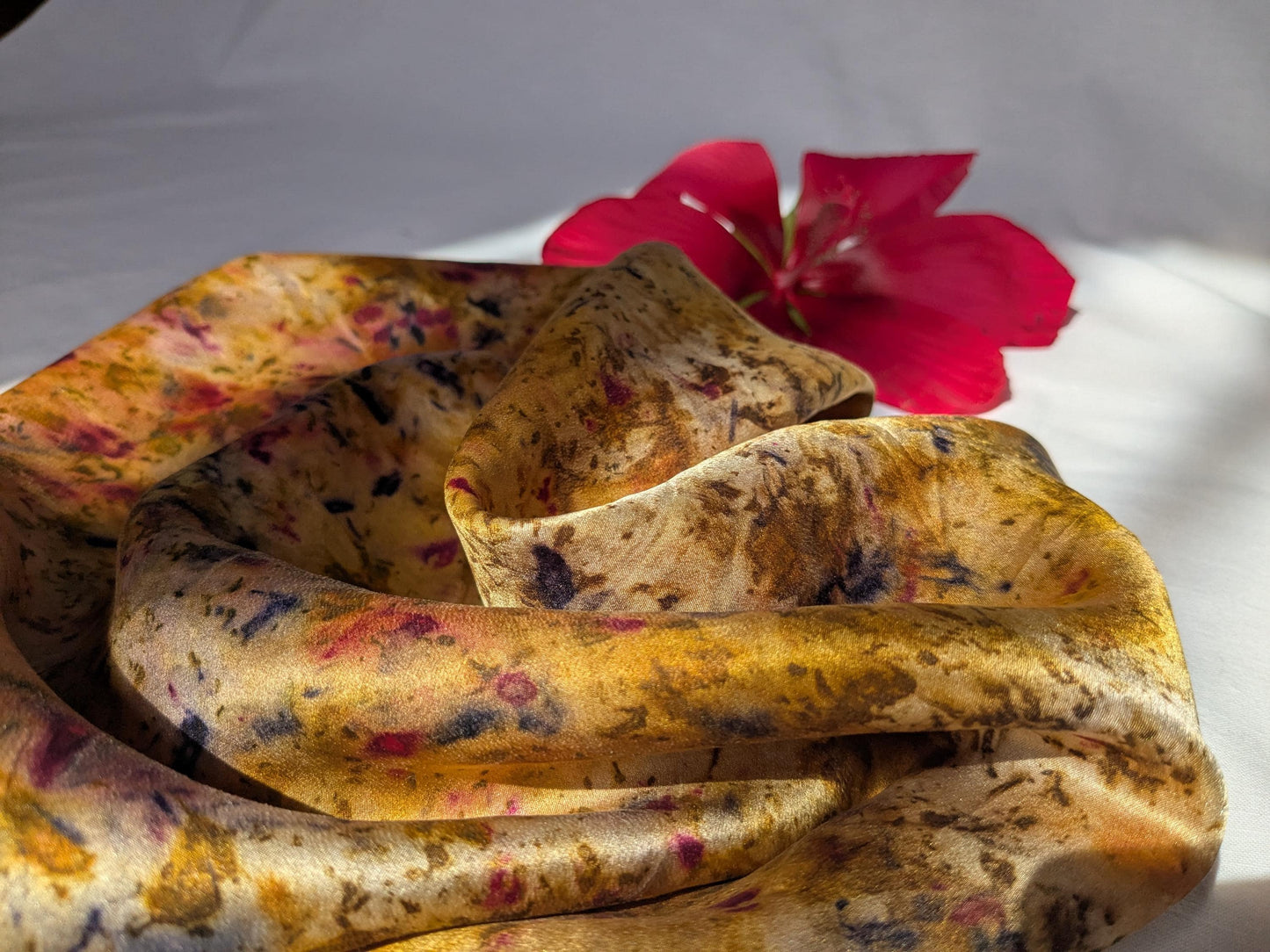 Plant dyed natural silk satin scarf, cochineal, logwood and marigolds