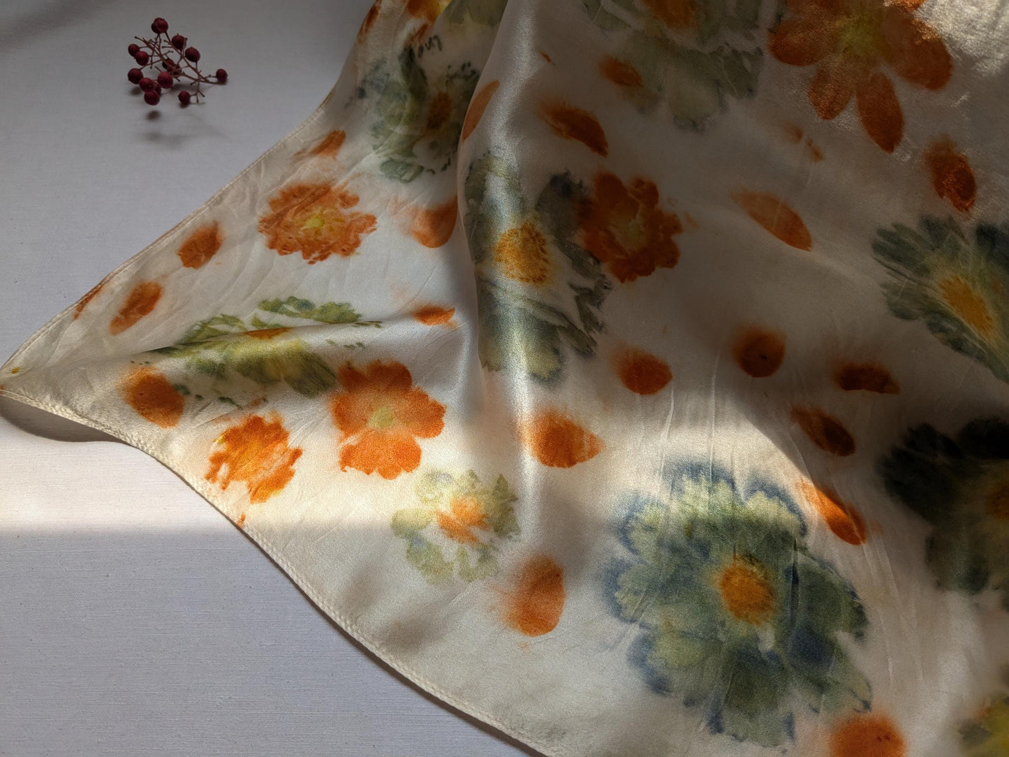 Flower eco printed scarf, natural silk satin