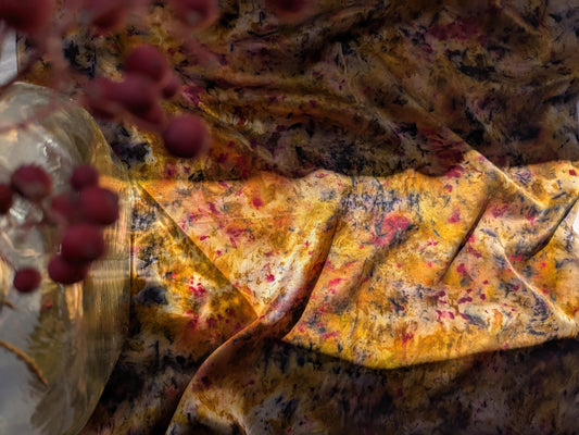 Plant dyed natural silk scarf: marigolds, madder, logwood and cochineal