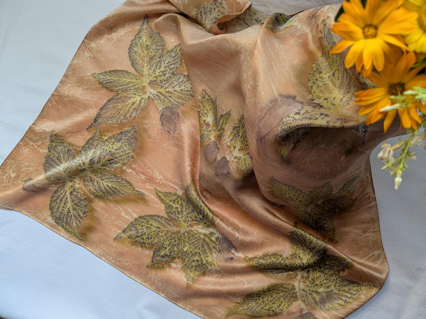 Organic Silk Eco Print Scarf: Madder Root Dyed, Raspberry Leaf