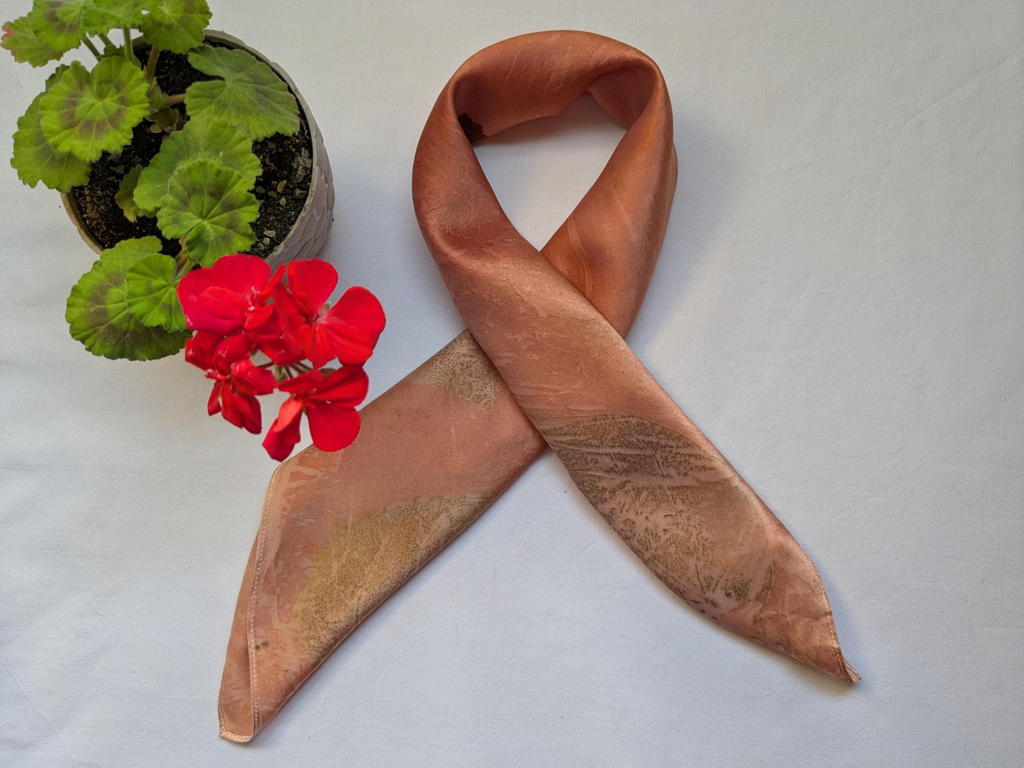 Eco Print Silk Scarf: Madder Root Dyed, Judas Tree Leaf - Handmade in Georgia