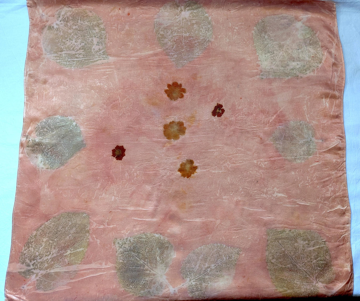 Eco Print Silk Scarf: Madder Root Dyed, Judas Tree Leaf - Handmade in Georgia