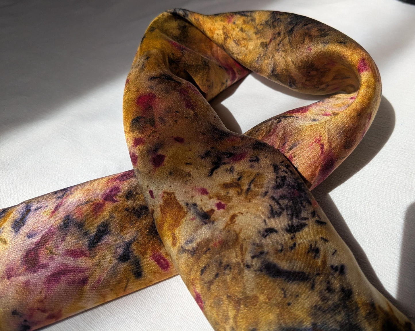 Plant dyed natural silk scarf: marigolds, madder, logwood and cochineal