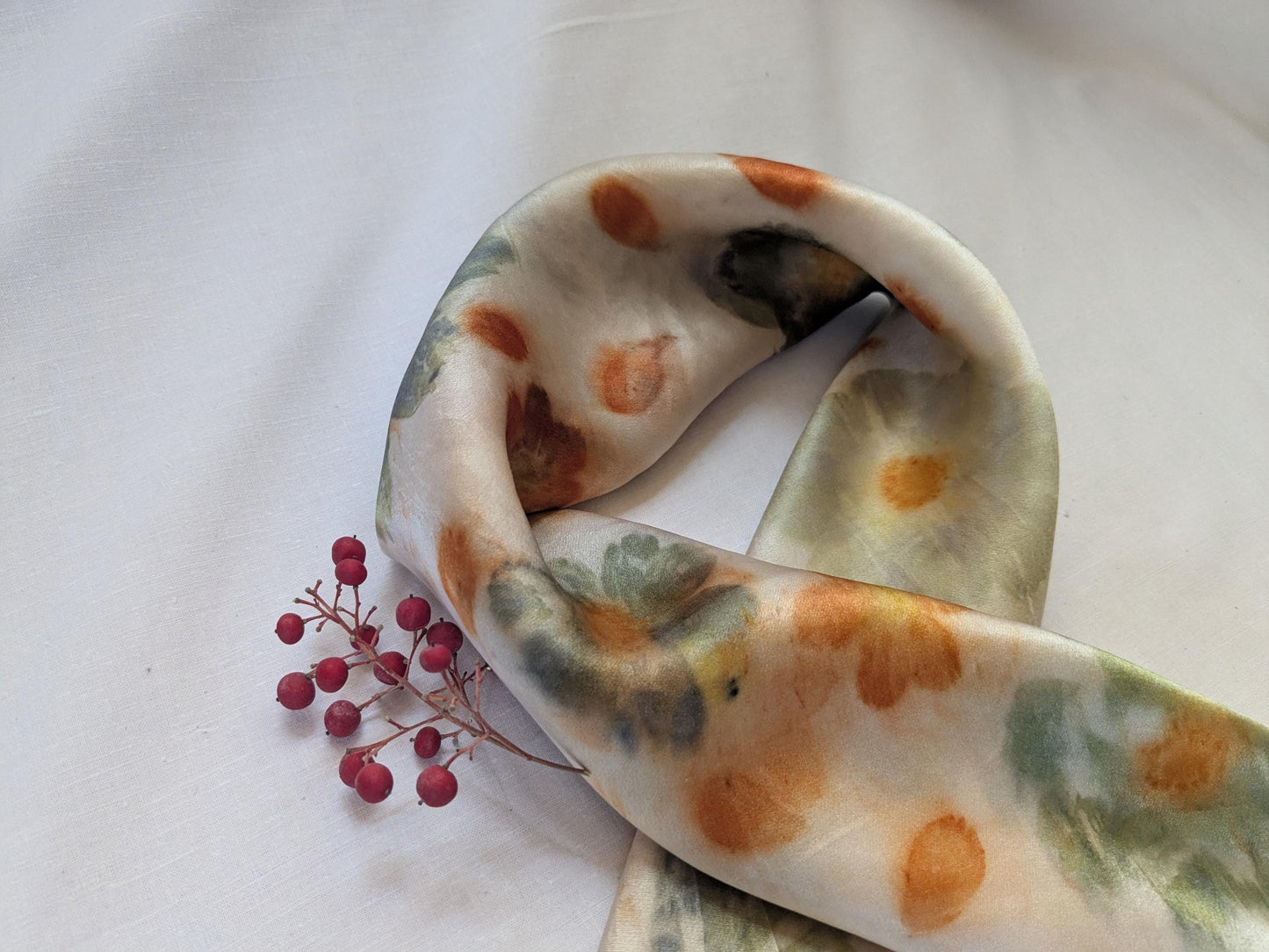 Flower eco printed scarf, natural silk satin