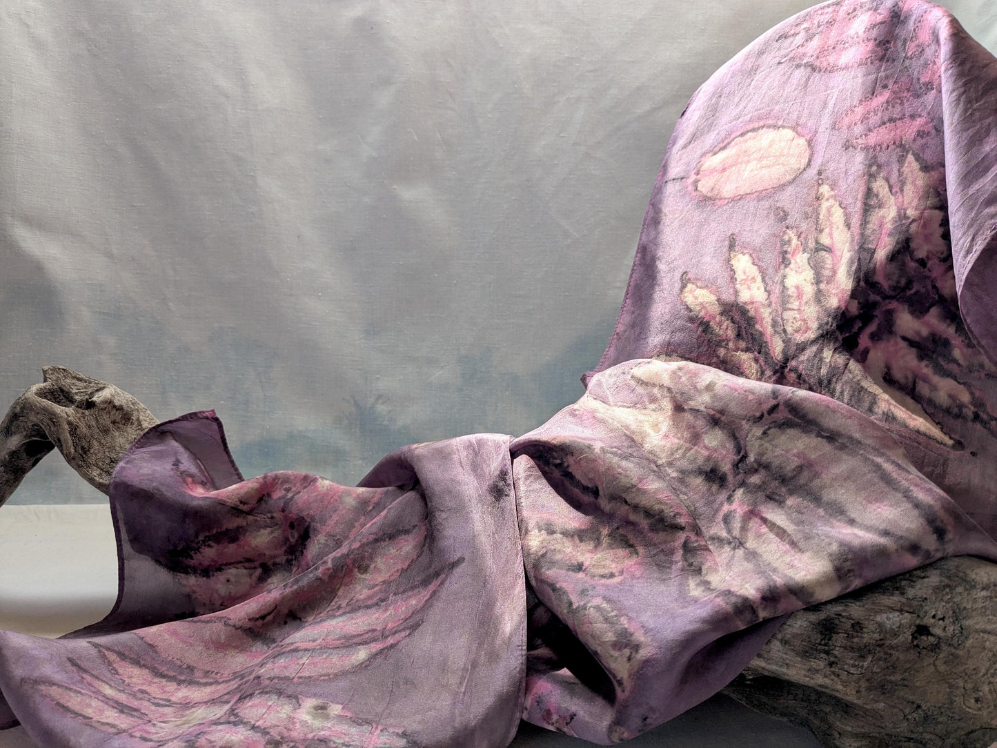 Hand-Dyed Silk Scarf: Cochineal, Sumac & Smokebush Botanical Print