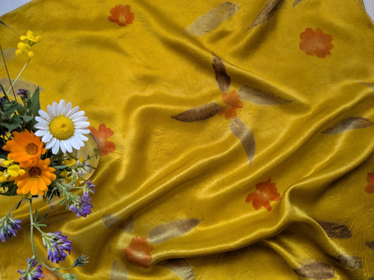 Botanical Eco Print Silk Scarf: Marigold & Cosmos Flowers, Handmade in Georgia