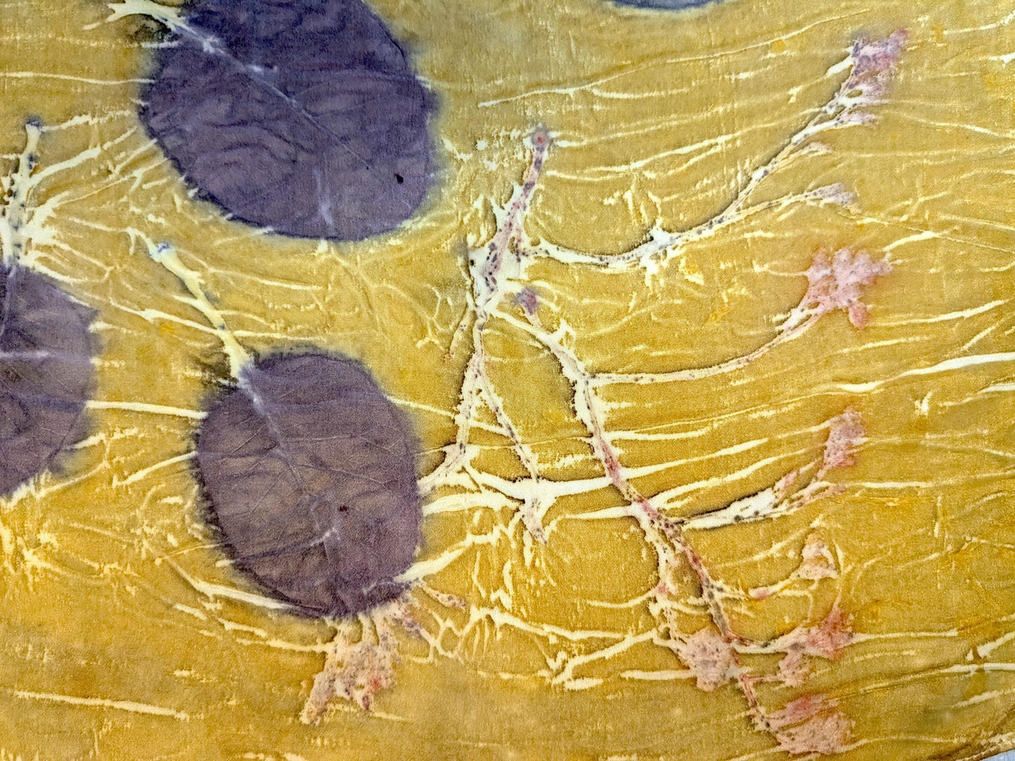 Eco-Printed Silk Scarf – Golden Yellow with Botanical prints – Handmade Sustainable Fashion Accessory from Georgia