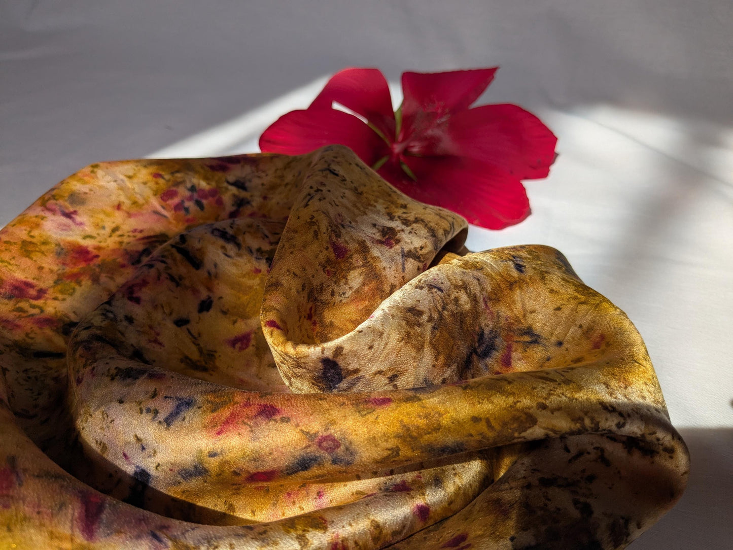 Plant dyed natural silk satin scarf, cochineal, logwood and marigolds