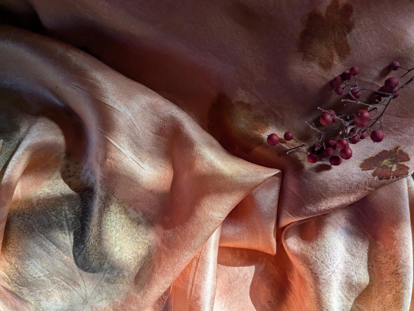 Eco Print Silk Scarf: Madder Root Dyed, Judas Tree Leaf - Handmade in Georgia