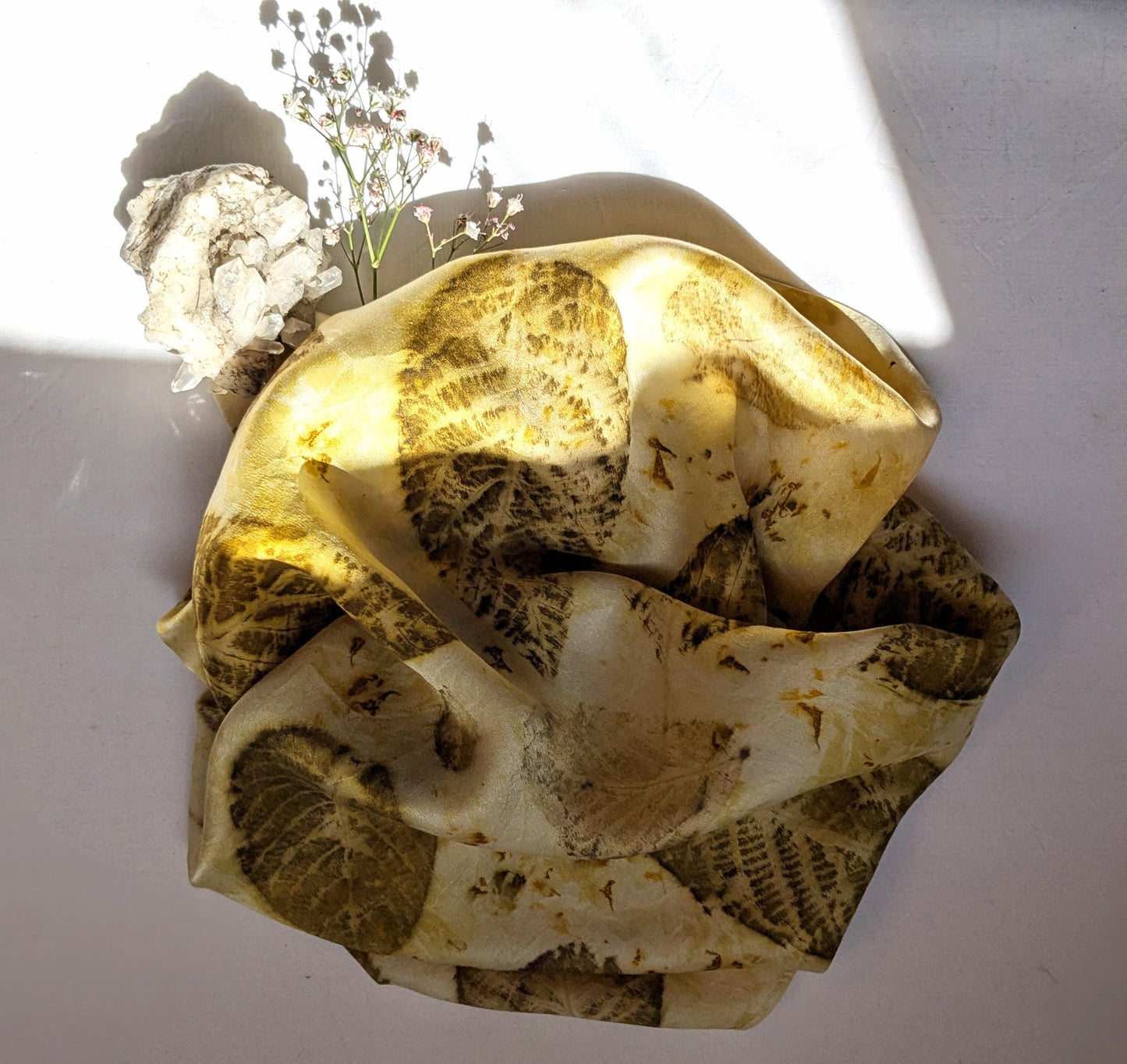 Eco-Printed Silk Scarf: Walnut Leaf Design, Natural Satin