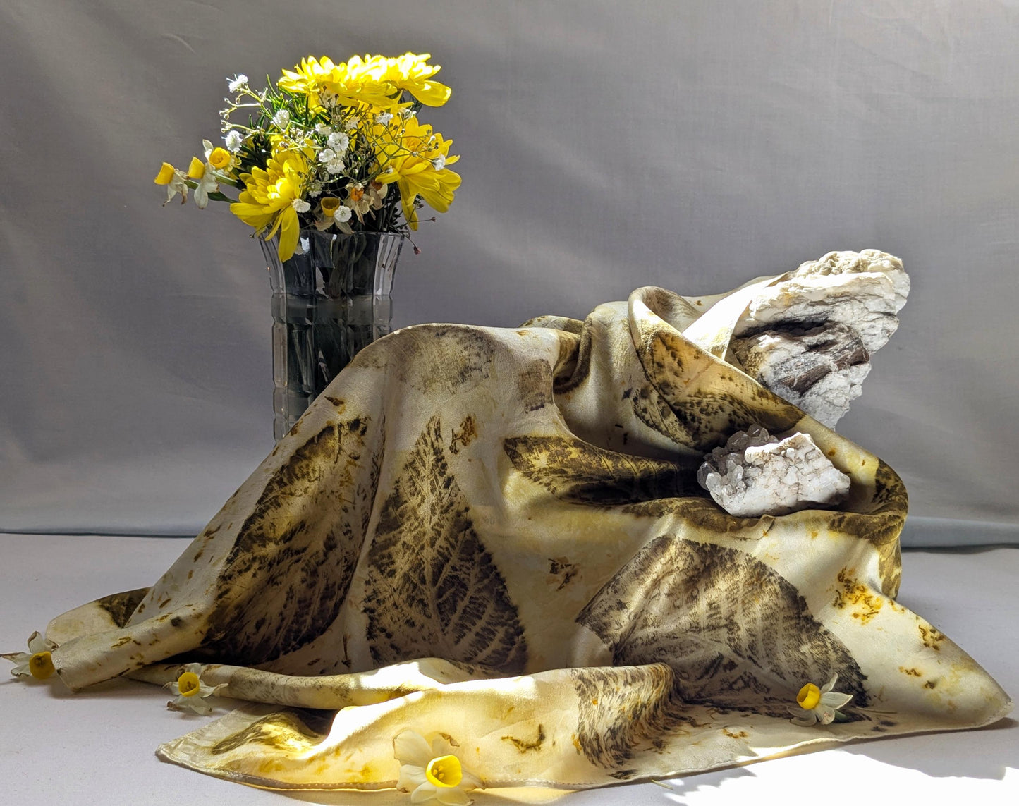 Eco-Printed Silk Scarf: Walnut Leaf Design, Natural Satin
