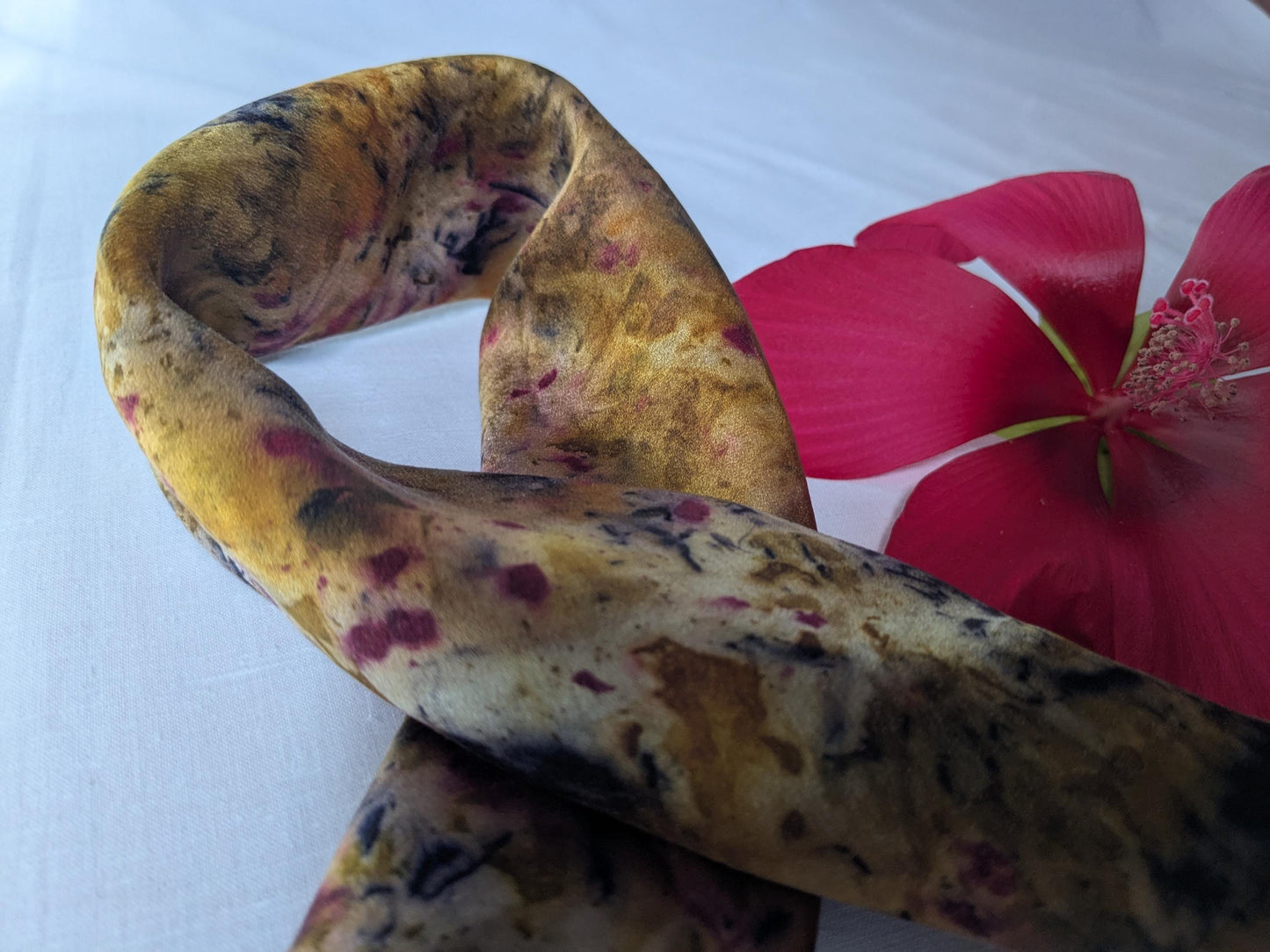 Plant dyed natural silk scarf: marigolds, madder, logwood and cochineal