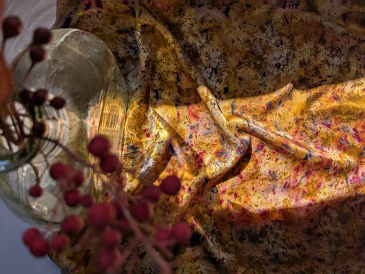 Plant dyed natural silk satin scarf, cochineal, logwood and marigolds